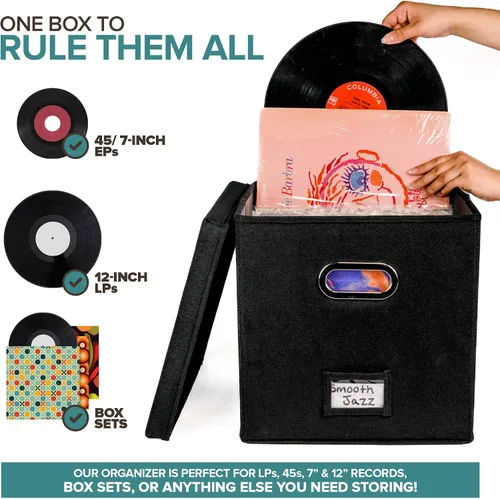 Vista 5 de Caja de almacenamiento de discos de vinilo para hasta 50 álbumes de 12 pulgadas, caja de registros, almacenamiento de álbumes LP, cajas
