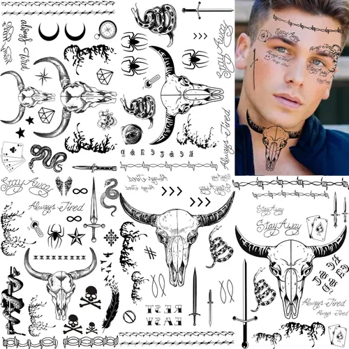 Vista 8 de 52 hojas de tatuajes temporales de Halloween para niños, niñas, mujeres, hombres, adultos, 3D de cara aterradora, calavera, tatuajes falsos