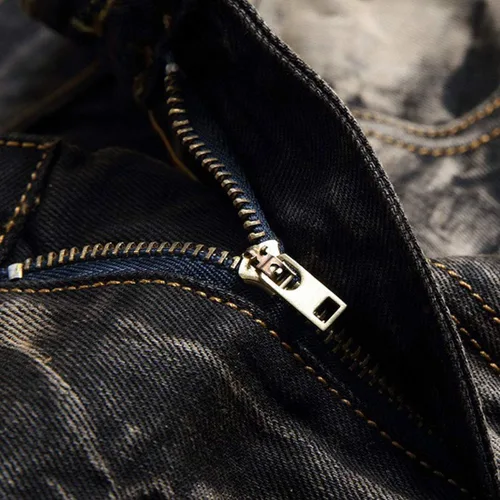 Vista 5 de utcoco Jeans clásicos de mezclilla para hombre, corte ajustado, cintura media, pierna recta, rasgados, desgastados, con parches de mezclilla clásicos