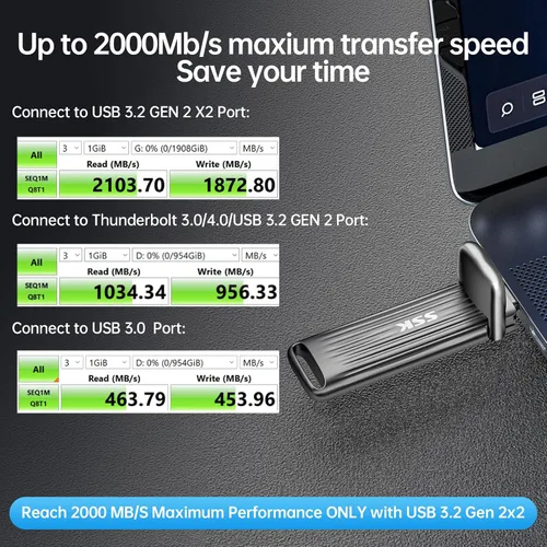 Vista 3 de SSK Unidad Flash USB C de 1TB Máximo hasta 2000mb/s Disco Duro Externo Rápido USB 3.2 Gen 2x2 SSD Externo Portátil Thumb Drive Aleación de Zinc USB