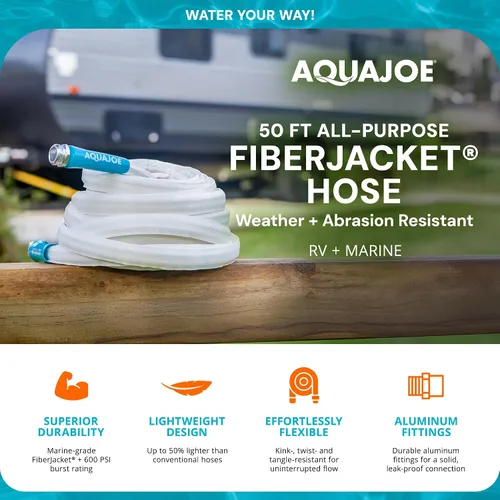 Vista 2 de Aqua Joe AJFJH50-58-RV - Manguera de agua para autocaravana con chaqueta flexible de fibra de grado marino, 50 pies, herramienta de riego