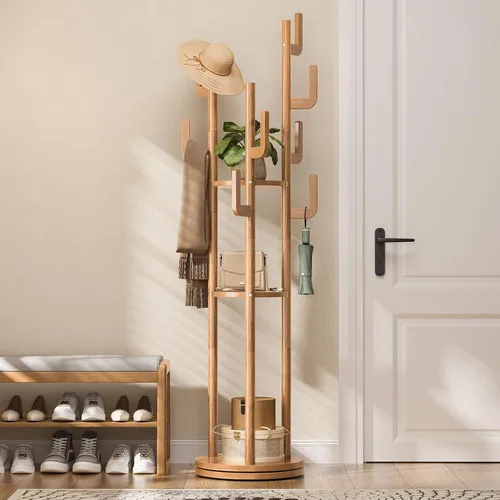 Vista 10 de Yoobure Perchero Giratorio Independiente – Árbol de Abrigos de Madera Maciza con 9 Ganchos y 3 Estantes de Almacenamiento para Cartera, Bolsa