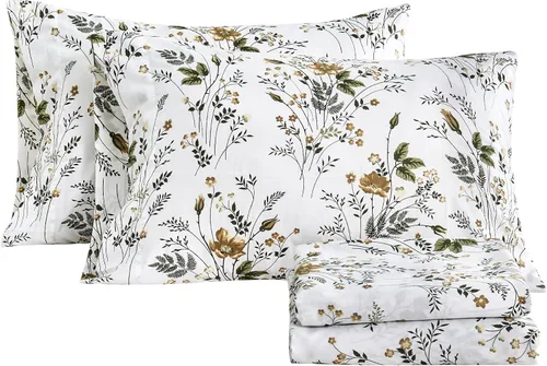 Vista 21 de KACEMOO Juego de sábanas Queen de 4 piezas con estampado floral beige, juego de sábanas bohemias de microfibra con bolsillo profundo, lujosas Beige