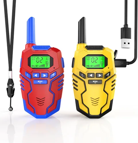 Vista 13 de Inspireyes Walkie Talkies para niños recargables, juguetes para niños y niñas de 3 a 12 años, paquete de 2 radios bidireccionales de largo alcance