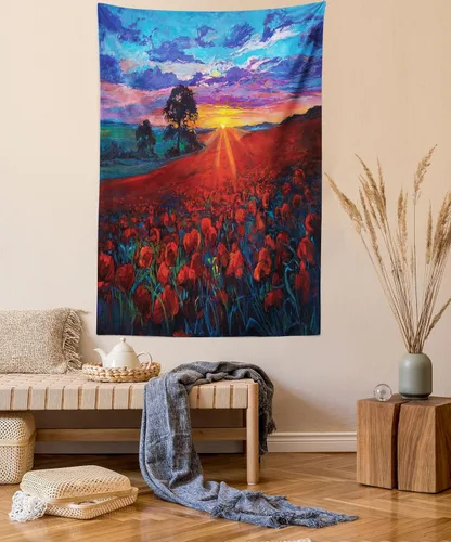 Vista 23 de Ambesonne Tapiz verde, fases lunares alrededor de un árbol de la vida, impresión de diseño bohemio de astrología nocturna, decoración de tela