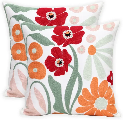 Vista 14 de Pack of 2 Embroidered Decorative Throw Pillow Cover 18x18 Inch Farmhouse Floral Pillowcase for Living Room Sofa Bed (Big Pumpkin)