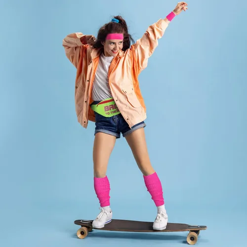 Vista 3 de SATINIOR Juego de calentadores de piernas de neón de los años 80 para mujer, cangurera holográfica, calentadores de piernas de punto, muñequeras