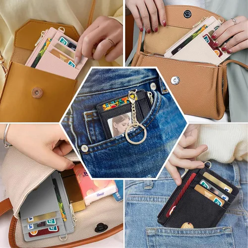 Vista 5 de Suweibuke - Billetera delgada de bolsillo, con bloqueo RFID, tarjetero para tarjetas de crédito, mosquetón en D, ventana para identificación
