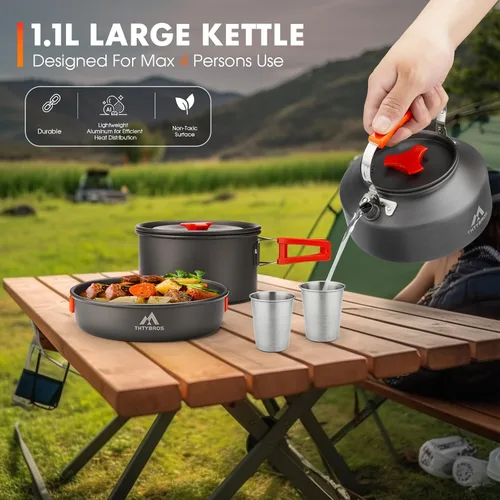 Vista 7 de THTYBROS Kit de utensilios de cocina para acampar de 17 piezas, olla de 0.45 galones, sartén de 7 pulgadas, juego de hervidor de 0.30 galones con 2