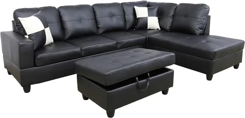 Vista 11 de Otomana de almacenamiento de cuero regenerado 37 x 24.5 x 16.5 pulgadas de alto para apartamento, casa, sala de estar, oficina (negro, otomano)