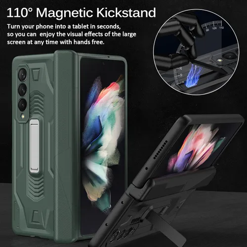 Vista 4 de Miimall Funda compatible con Samsung Galaxy Z Fold 3 con protección de bisagra, protector de pantalla de vidrio templado y función atril todo