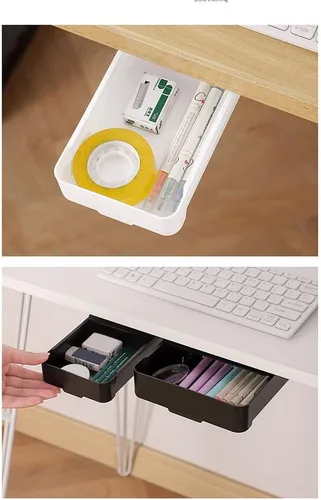 Vista 7 de STACEY Organizador de cajones para debajo del escritorio, caja de almacenamiento invisible, contenedor estacionario adhesivo, soporte de escritorio