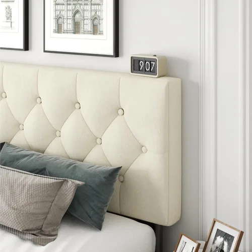 Vista 6 de CXVX Marco de cama de tamaño matrimonial con estructura de plataforma y cabecera tapizada, diseño con botones, listones de madera resistentes,