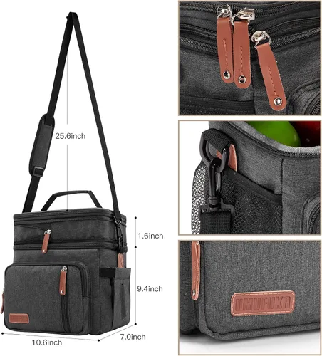 Vista 6 de Bolsa de almuerzo con compartimento doble/para mujer, con aislamiento para el almuerzo, 2 espaciosas, grandes, reutilizables, resistentes al agua