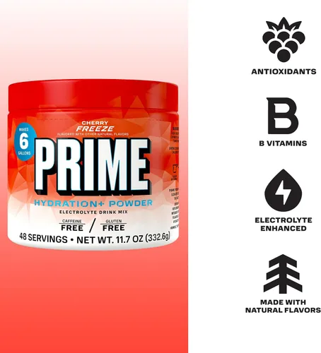 Vista 3 de PRIME Hydration + Polvo de electrolitos, cereza congelada, mezcla de bebida de hidratación sin azúcar con potasio, magnesio y vitaminas B