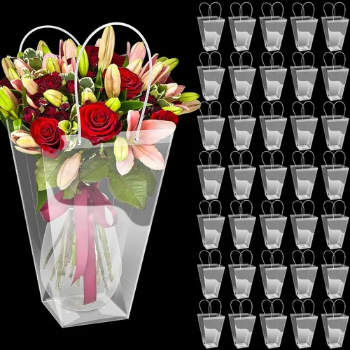 Vista 11 de Yexiya 12 bolsas florales grandes transparentes para ramo de flores a granel con asa transparente para regalo de boda, regalo de boda, regalo