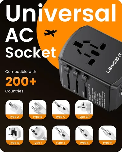 Vista 7 de LENCENT Adaptador de corriente de viaje universal, adaptador de enchufe de CA internacional con 2 puertos USB C 2 USB A, cargador de pared para Negro