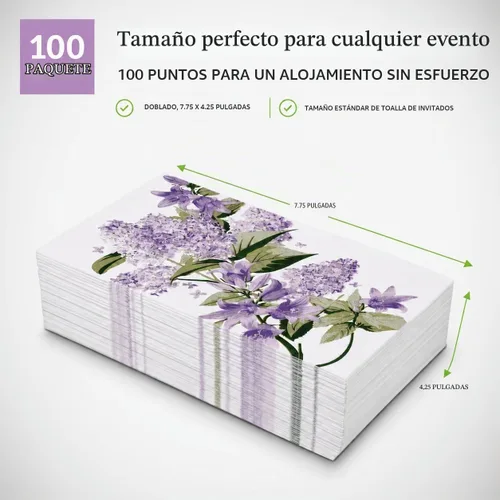 Vista 5 de 100 servilletas florales moradas de 3 capas desechables de papel toallas de mano