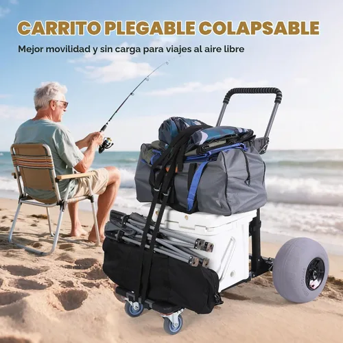 Vista 6 de Carrito de playa plegable para pesca con ruedas de globo de 12 pulgadas para arena todo terreno Negro