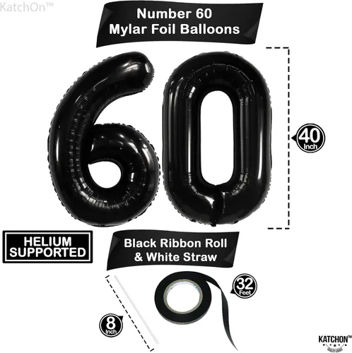 Vista 4 de KatchOn, Globos negros grandes del número 60, 40 pulgadas, globos de aluminio de 60 cumpleaños para decoraciones de cumpleaños, globo 60