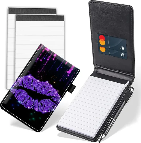 Vista 24 de Juego de 4 mini blocs de notas de bolsillo, funda de cuero sintético de mármol abstracto con 2 ranuras para tarjetas, 1 lápiz capacitivo y 2