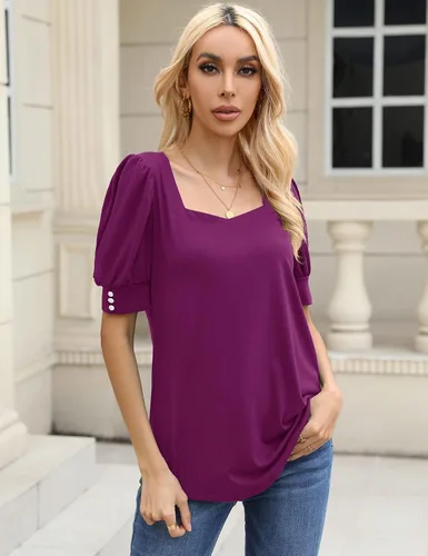 Vista 3 de Micoson Blusas casuales de manga corta abombada, cuello cuadrado, con puños de botón