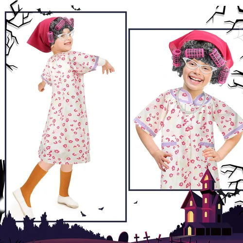 Vista 5 de 8 piezas de disfraz de anciana para niños, disfraz de abuela para niños, vestido de abuelita, peluca plegable, gafas de muleta para Halloween
