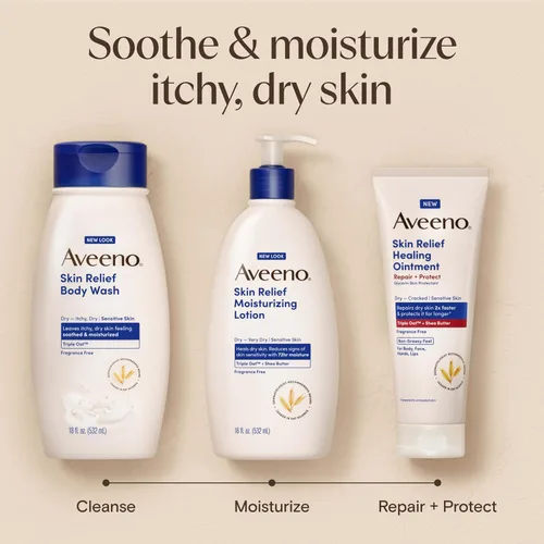 Vista 6 de Aveeno Skin Relief - Loción Hidratante Fórmula triple de avena y manteca de karité, absorción rápida, no comedogénica, piel sensible muy seca