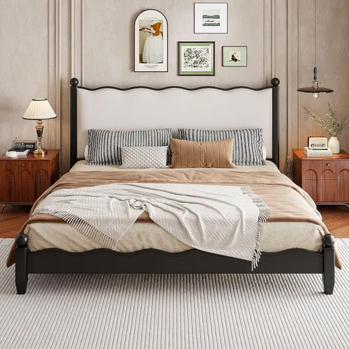 Vista 3 de Merax Base de cama moderna de madera maciza con cabecera tapizada, marco de plataforma rústica tamaño Queen con patas de madera resistentes, no Tela