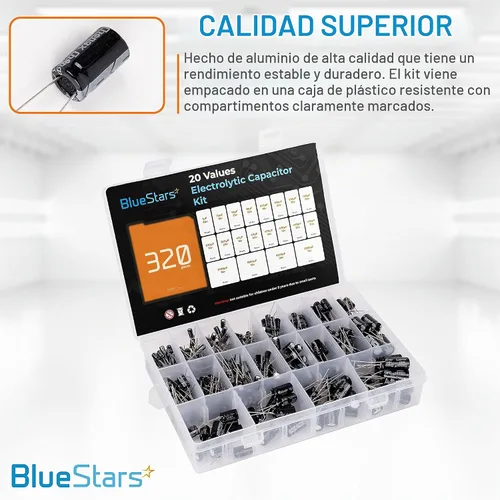Vista 4 de BlueStars, variedad de condensadores electrolíticos de aluminio, 20 valores, 320 unidades, rango 1uF－2200uF