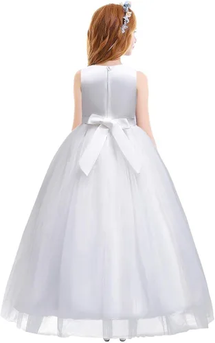 Vista 2 de Vestido maxi de tul para niñas con tutú y flores de encaje, largo hasta el piso, para boda, dama de honor, fiestas