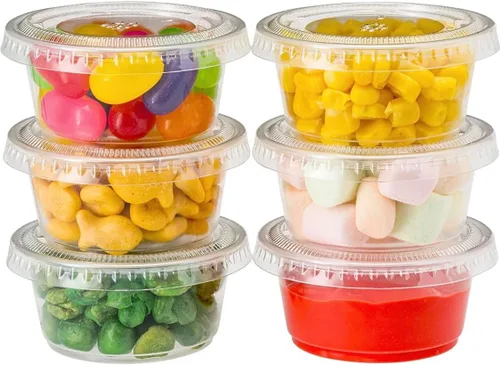 Vista 2 de [2 oz- 100 juegos] Vasos de plástico transparente con tapas, tazas de soufflé sin BPA