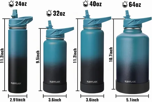 Vista 5 de RUBYFLASK - Botella de agua aislada con pajilla, jarra de agua al vacío de acero inoxidable, 24 onzas, botella con 3 tapas a prueba de fugas