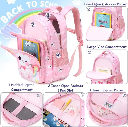 Vista 35 de Juego de mochila para niñas y adolescentes, mochila escolar para niños con bolsa para el almuerzo, estuche para lápices, mochilas escolares