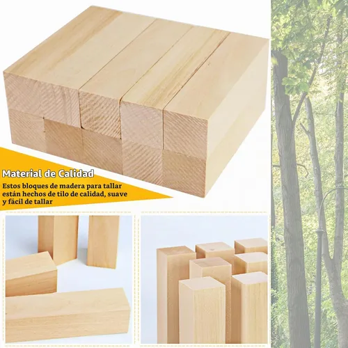 Vista 4 de Paquete de 10 bloques de tallado de tilo, bloques de madera maciza suave de 4 x 1 x 1 pulgada, bloques de madera sin terminar para tallar y tallar