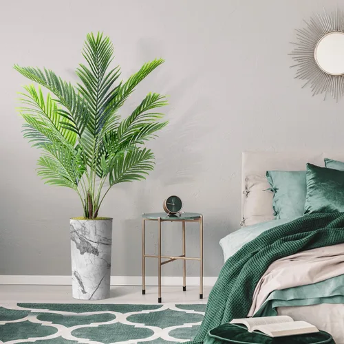Vista 5 de Árbol artificial en macetero con efecto de mármol gris, palmera tropical areca artificial de seda para decoración del hogar en interiores