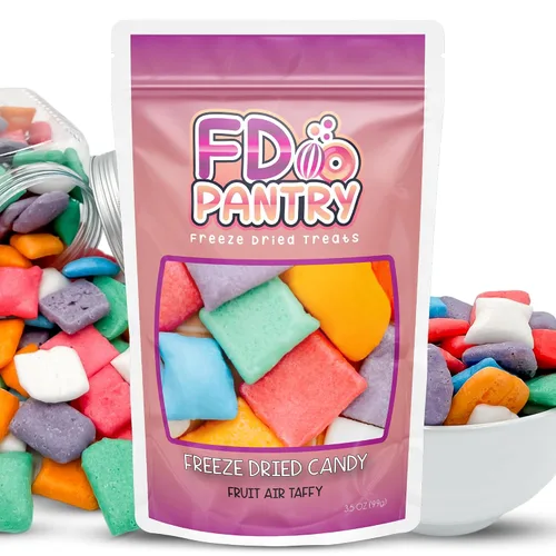 Vista 2 de Dulce Crujiente de Air Taffy Liofilizado - Variedad de Sabores de Frutas, 3.5 oz Fresa, Melón, Cereza, Frambuesa, Naranja, Uva, Misterio Snack