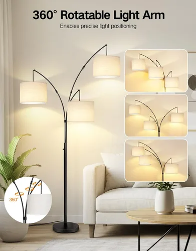 Vista 5 de OUTON Lámpara de pie LED de arco, lámpara de pie alta moderna negra de 3 luces para dormitorio, 2400lm lámparas de esquina de pie ajustables