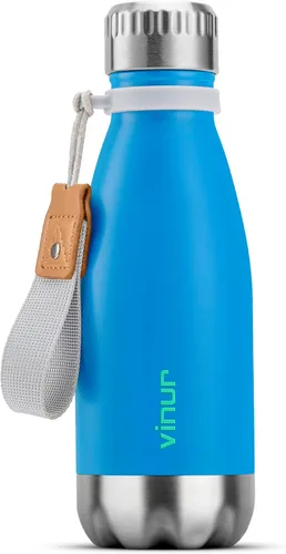 Vista 23 de VINUR Botella de agua para niños, 9 onzas, acero inoxidable, doble pared, aislada al vacío, botella de agua para la escuela, frasco en forma de cola