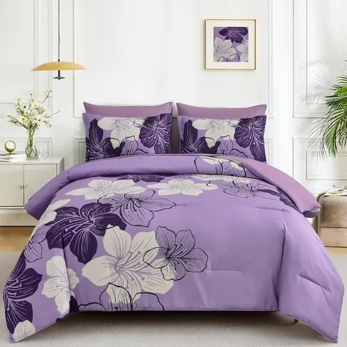 Vista 17 de Luxudecor Juego de edredón floral tamaño individual, 6 piezas de cama en una bolsa, edredón floral azul y juego de sábanas, juego de ropa de cama