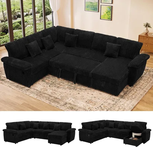 Vista 10 de Sofá cama modular modular con cama extraíble, 104 pulgadas en forma de U de 7 asientos, sofás seccionales para sala de estar, cómodo sofá cama