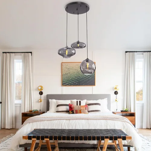 Vista 8 de Moderna Lámpara Colgante de 3 Luces de Vidrio en Tono Gris Ahumado con Globo de Cristal Clúster Lámpara de Techo de Estilo Nórdico con Múltiples