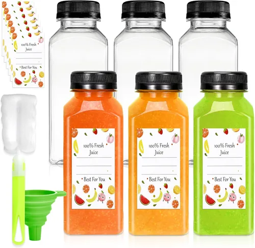 Vista 8 de Leaflai Botellas de jugo – Botellas de 8 onzas con tapas, 12 recipientes de plástico para jugo con tapas, recipientes de bebidas reutilizables