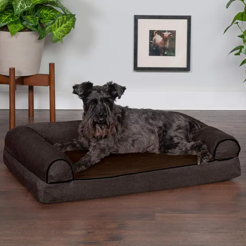 Vista 3 de Furhaven Cama para perro, de espuma viscoelástica, estilo sofá, Sherpa y chenilla, café, M