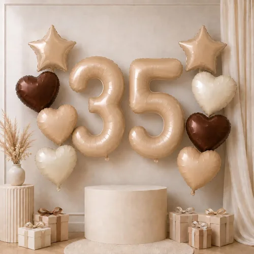 Vista 47 de Decoración de Globos Número 10 de 40 Pulgadas, Globos de Corazón Neutro de Papel de Aluminio Crema Retro Albaricoque Marrón con Globo de Helio