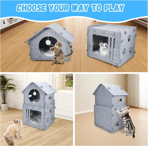 Vista 7 de Casa desmontable de 2 plantas para gatos de interior, camas cubiertas y muebles con acolchado lavable, bonito condominio moderno para mascotas