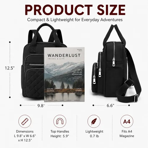 Vista 7 de Mochila pequeña para mujer, casual, acolchada, cuadrada, impermeable, con múltiples bolsillos, ligera, asa superior, Negro, Pequeño, Mochilas