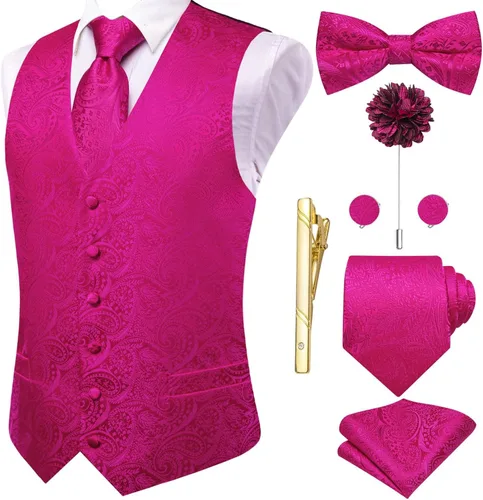 Vista 26 de Hi-Tie Chaleco de traje de seda para hombre, corbata y corbatín de solapa, clip de corbata dorado, chaleco floral de cachemira, 8 piezas, conjunto