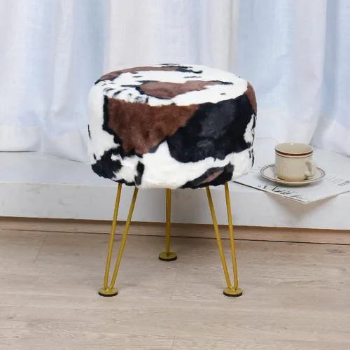 Vista 2 de Otomana de Piel Sintética con Estampado de Vaca 13"x13"x17" Asiento de Banco de Entrada Suave y Mullido Redondo Resistente Otomana de Acento Vaca