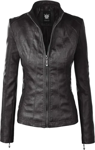 Vista 21 de Lock and Love Chaqueta Abrigo de Moto Motociclista de Piel Sintética para Mujer con Capucha Extraíble o No Extraíble Wjc1044_negro